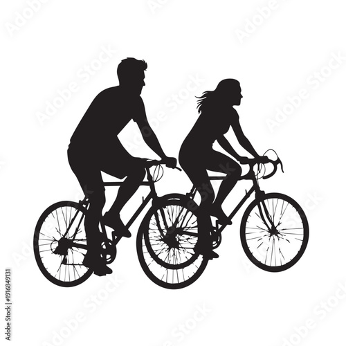 Two individuals, a man and a woman, depicted in silhouette riding bicycles side by side on a clean white background, showcasing outdoor activity and shared pursuit.