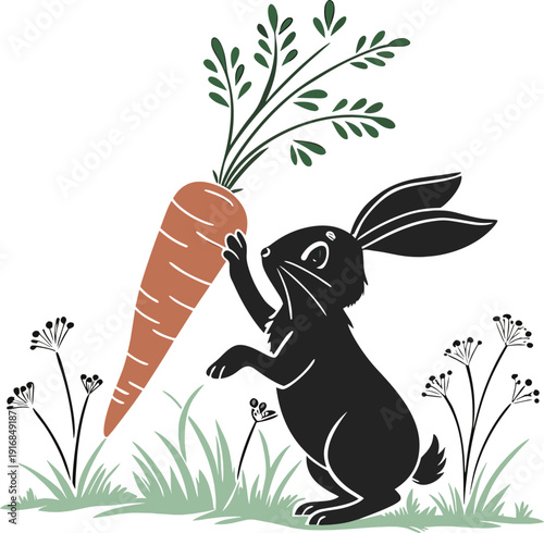 A black silhouette of a rabbit reaching up towards a vibrant orange carrot with green foliage high quality