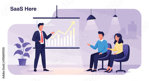 Business meeting scene with presentation and graph, office setting with coworkers discussing data analysis