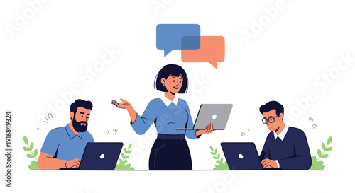 Business team collaboration with laptops and speech bubbles, office communication concept.