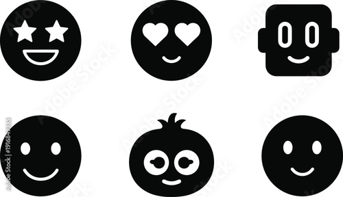 Minimal black smiley face icon set with star eyes, heart eyes, robot and cute expressions isolated on light background illustration flat design style graphic