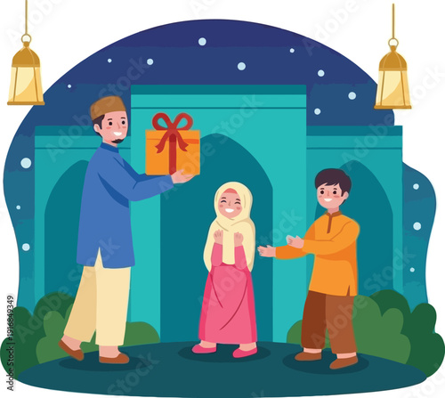 Muslim family celebrates a special occasion with a joyful gift-giving moment together at night