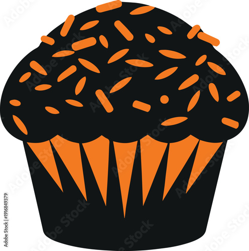 A stylized flat design illustration depicts a black cupcake with bright orange sprinkles and a paper liner