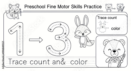 Preschool Number Tracing Worksheet 1-3 | Fine Motor Skills Practice for Kids | Educational Counting & Coloring Activity Page | Learning Numbers One and Three | Animal Theme Math Exercise