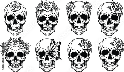 Set of vintage skull illustrations with roses and butterfly, black and white tattoo style vector collection isolated on white background for Halloween design