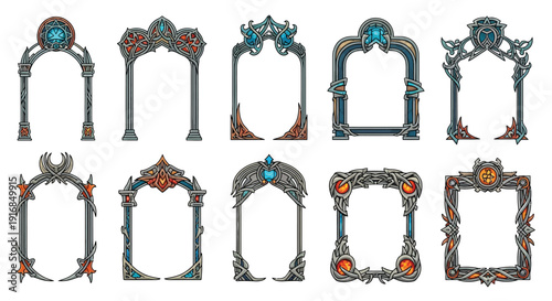 Ornate fantasy frames and arches in a game asset style
