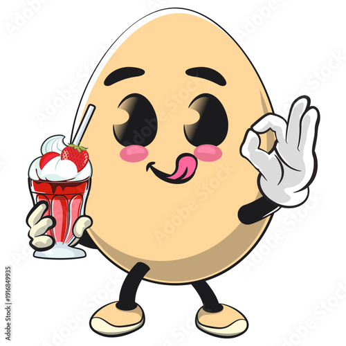 cute egg mascot character brought a milk shake, isolated vector illustration, work of hand drawn