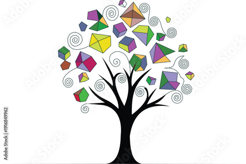Whimsical Tree with Geometric Shapes Instead of Leaves, Colorful Abstract Nature Illustration