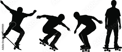 Silhouette Skateboarder Performing Dynamic Trick Sequence in Urban Street Setting Showcasing Extreme Sport Action Motion Balance and Youth Culture Energy Outdoor Adventure Concept