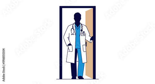 Flat 2D illustration of a medical professional, a doctor in a white coat with a stethoscope, standing in an open doorway, symbolizing welcome, care, and access to healthcare services
