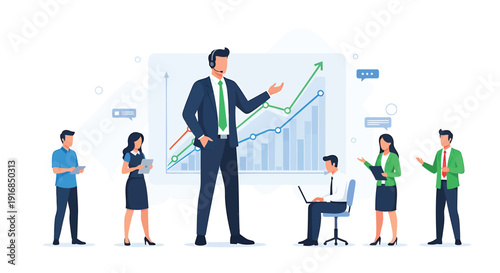 Business team presenting data analysis and strategy in office setting.