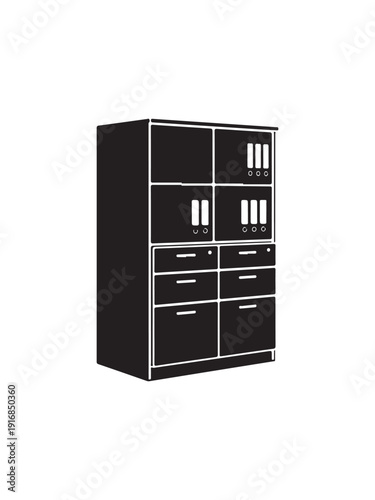 Modern filing cabinet with multiple drawers and compartments isolated