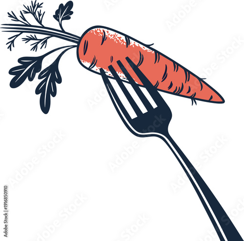 A vibrant illustrative depiction showcases a bright orange carrot being held aloft by a sleek black fork