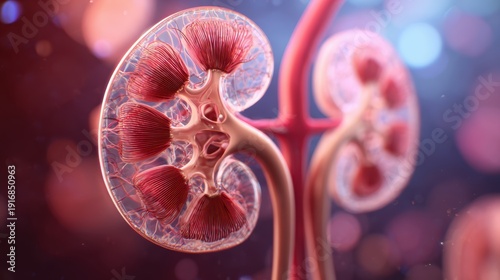 Detailed 3D rendering of a human kidney cross-section showing internal structures and blood vessels