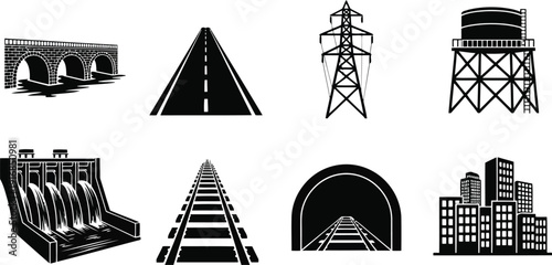 A collection of black and white infrastructure icons on a white background