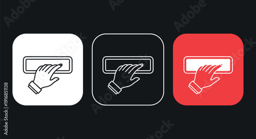 A graphic design of three hand icons interacting with rectangular buttons on a black background