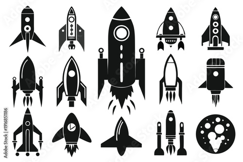 set of rocket icon silhouette line art vector illustration with a white background