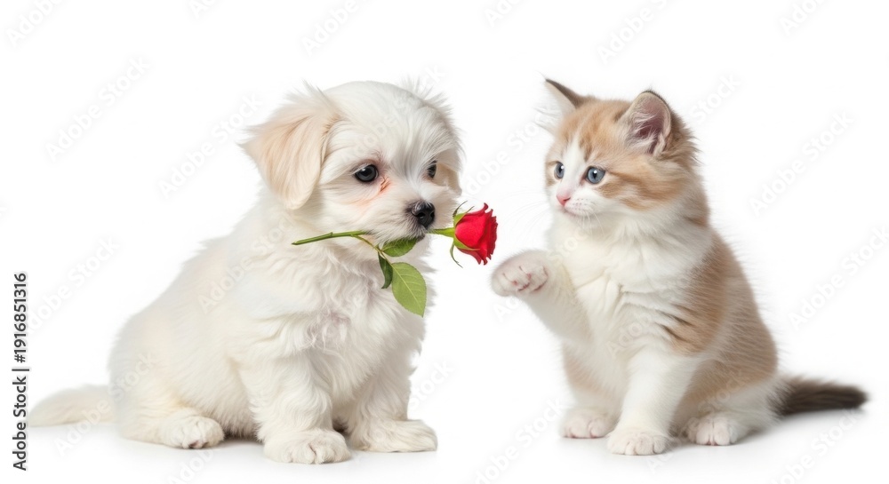 Fototapeta premium Adorable white puppy holding red rose for ginger kitten, romantic pet friendship concept, cute small dog and baby cat together for Valentine's Day isolated PNG with Transparent Background