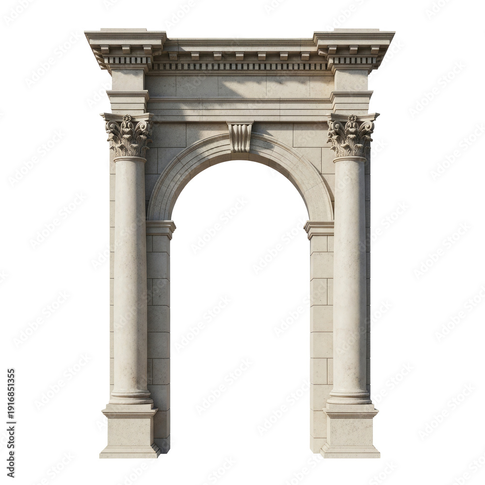 Naklejka premium Classical stone archway with Corinthian columns and ornate frieze isolated on a transparent background
