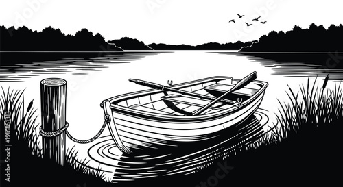 A serene lake scene with a small wooden boat tied to a dock post