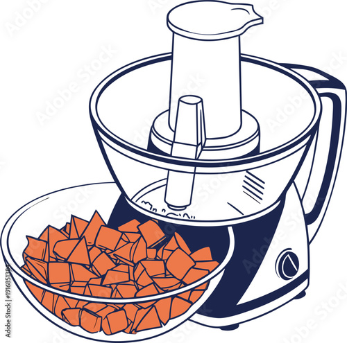An illustrated depiction of a food processor with chopped orange sweet potatoes in a clear bowl high quality