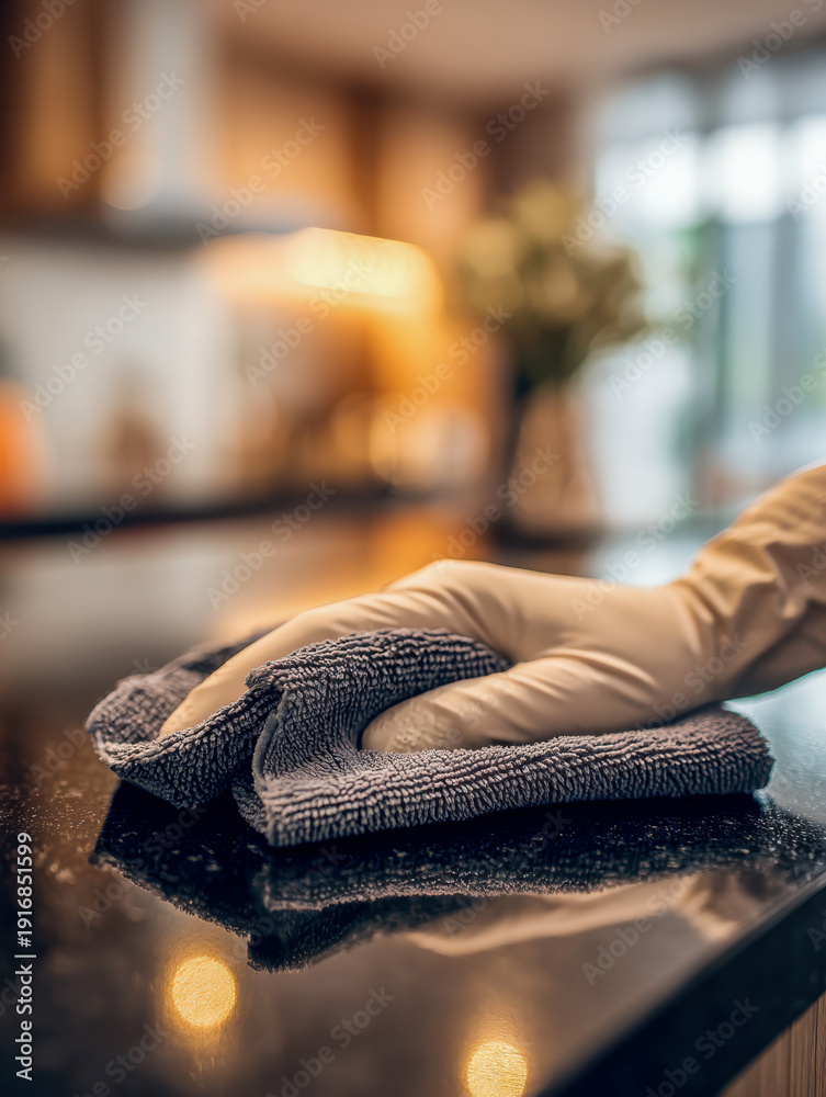 Obraz premium Hand wearing protective glove wiping a clean shiny kitchen countertop with an absorbent microfiber cloth in a warmly lit modern home interior setting