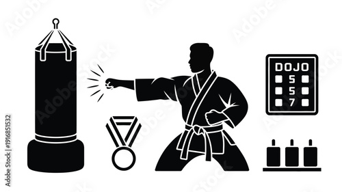Karate Training Black Silhouette Set. Punching Pad, Gi Uniform, Medal Objects. Vector Illustration
