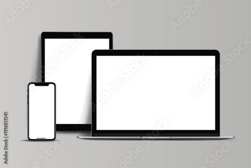 Modern laptop computer, tablet pc and mobile phone mockup