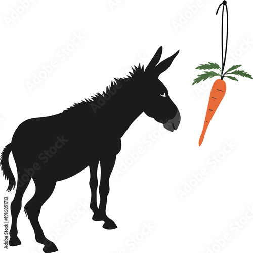 A silhouetted donkey looks longingly at a vibrant orange carrot dangling just out of reach above it