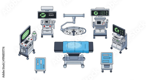 Modern Operating Room Equipment and Medical Devices Displayed in a Flat Vector Style