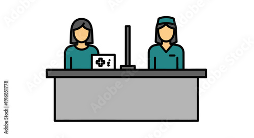 Illustration of medical professionals at a reception desk in a healthcare facility
