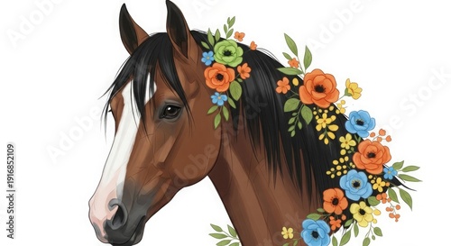 Brown horse head with colorful flowers in mane