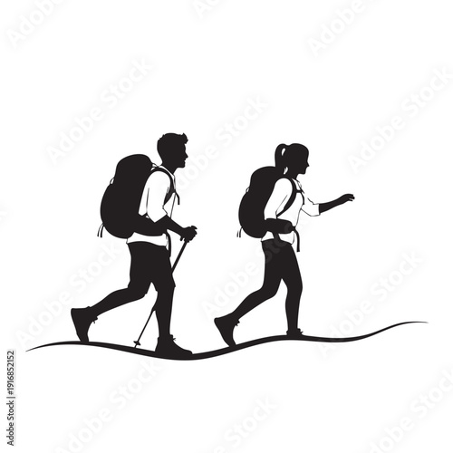 Silhouette of Male and Female Hikers with Backpacks Walking on Wavy Terrain Outdoor Adventure