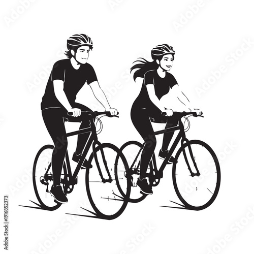 Couple cycling outdoors graphic, man and woman riding bicycles together, silhouettes of cyclists enjoying a ride, active lifestyle outdoor recreational activity
