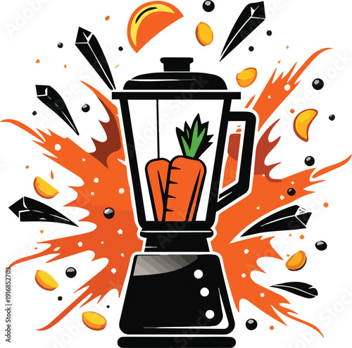 A vibrant illustration depicts a black blender mid blend surrounded by splashing orange juice and fruit pieces