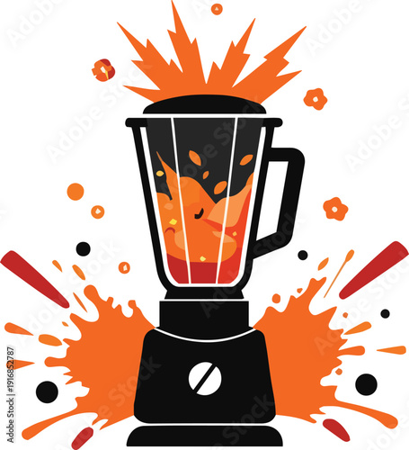 An exploding blender illustration depicts a burst of orange liquid and fruit fragments showcasing dynamic energy high quality