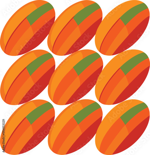 A repeating pattern of oval shaped candies with orange and green stripes dominates this brightly colored image