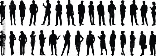Business people silhouettes collection, corporate team standing diverse professionals black isolated vector illustration on white background leadership concept