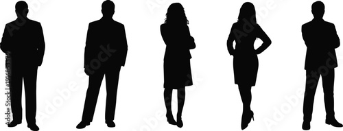 Business people silhouettes collection, corporate men and women standing poses, black isolated vector illustration on white background professional team concept
