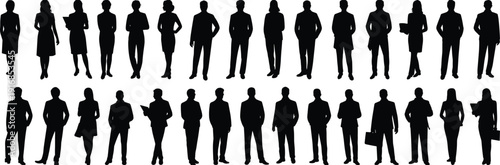 Business silhouettes group, corporate professionals, workforce diversity, office attire, briefcase figures, organizational structure, standing poses, teamwork concept, professional illustration