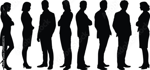 Business silhouettes standing, male and female figures, professional attire, teamwork concept, corporate diversity, office illustration, workplace design, group collaboration art