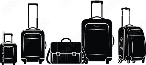 Black silhouette collection of travel luggage suitcases and a professional business bag for vacation trip corporate travel and lifestyle concept