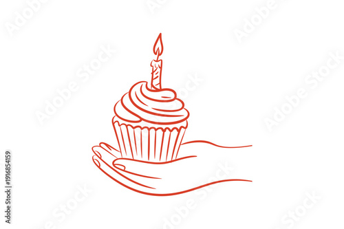 A hand holding a cupcake with a lit candle on top birthday cake dessert
