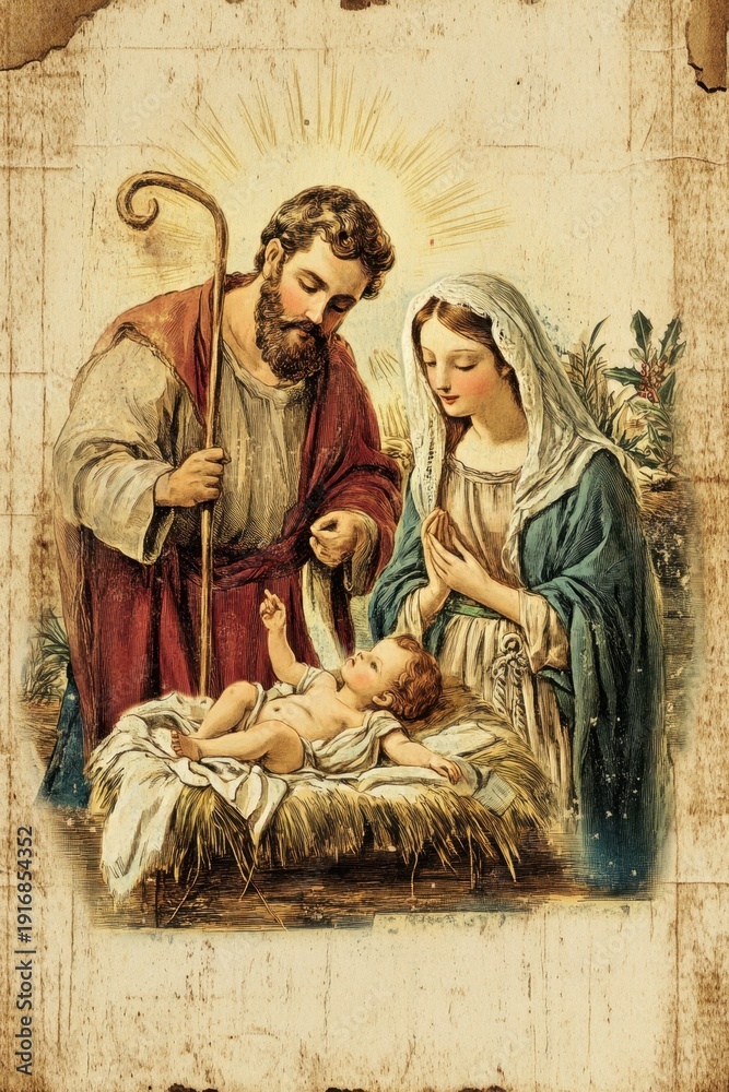 Naklejka premium Christian Nativity Illustration with Mary Joseph and Newborn Child