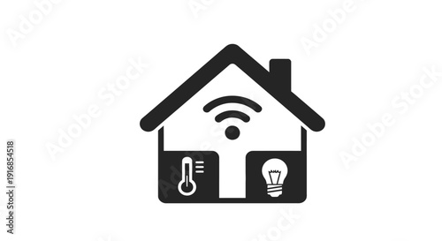 Black silhouette of a smart home with wifi temperature and lightbulb icons