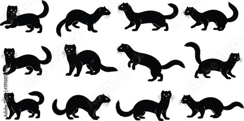 Black vector silhouette set of diverse ferrets and minks in various poses including standing walking and jumping for wildlife nature education and animal branding design