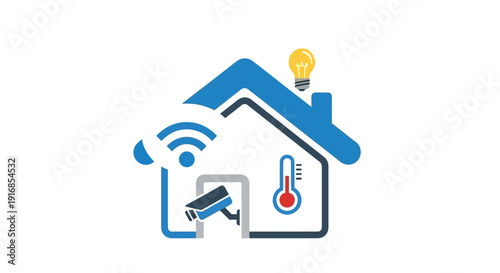 Smart home icon featuring a house lightbulb temperature and security camera