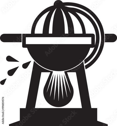 A black and white illustration depicts a vintage manual citrus juicer with a conical reamer and handle