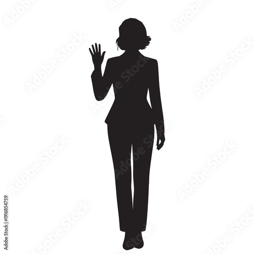 Silhouette of a professional businesswoman waving hello with her hand raised and visible