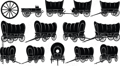 Black vector silhouette set of traditional pioneer covered wagons and wooden cart wheels for American Wild West history frontier travel and western branding design